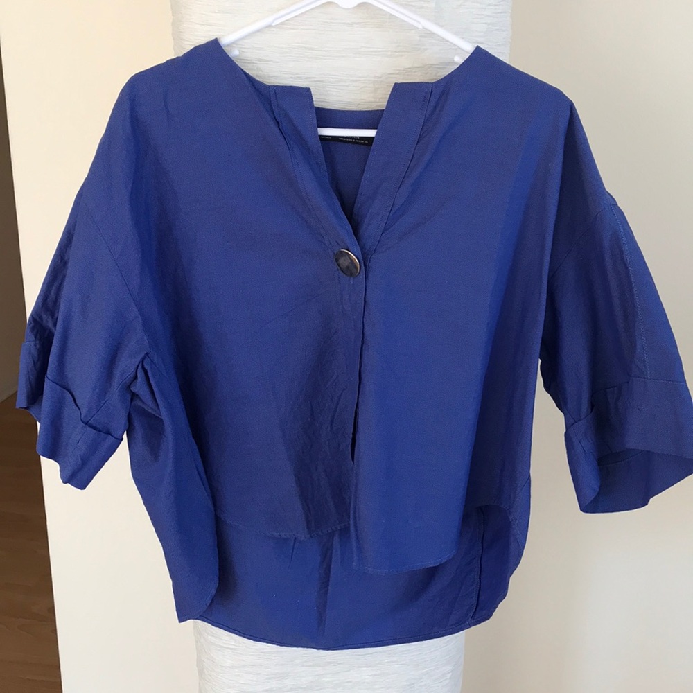 ZARA Blue Short Sleeve High Low Blouse